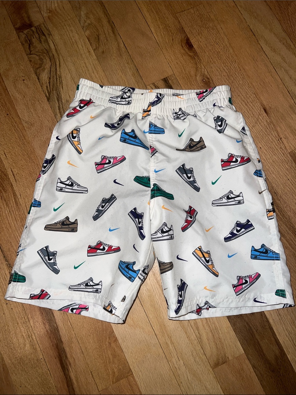 Kids White Athletic Shorts with Multi-Color Sneaker Print